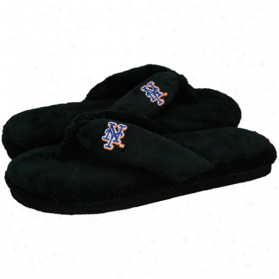 New York Mets Ladies Black Plush Thong Slippers