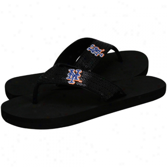 New York Mets Ladies Black Sequin Strap Flip Flops