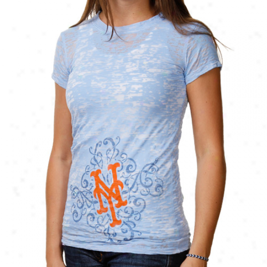 New York Mets Ladies Scroll Burnout Premium Crew T-shirt - Light Blue