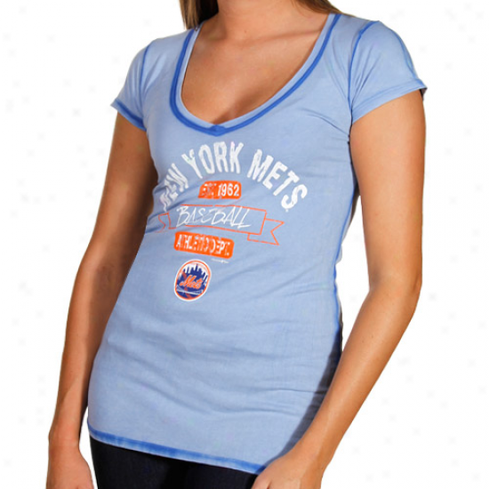 New York Mets Ladies Seam Wash Premium V-neck T-shirt - Light Blue