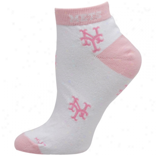 New York Mets Ladies White-pink Allover Team Logo Ankle Socks