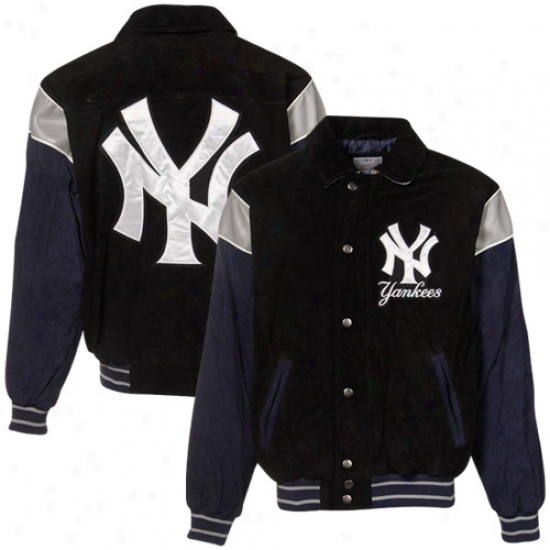 New York Yankees Black-navy Blue Split Sueds Full Buttoh Jacket