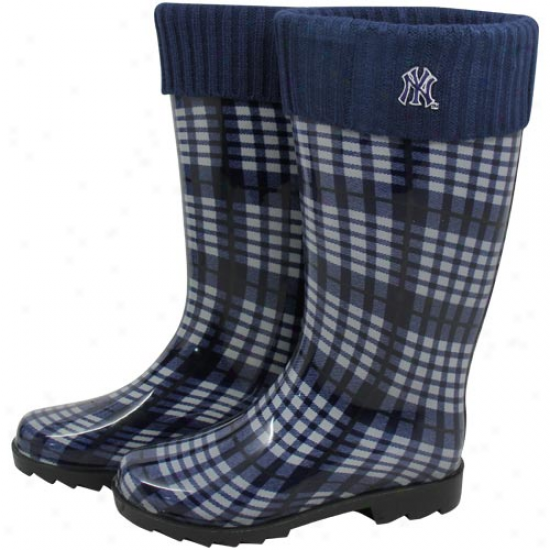 New York Yankees Ladies Navy Blue Plaiid Cuffed Rain Boots