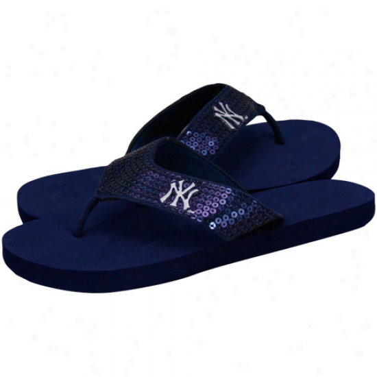 New York Yankees Ladies Navy Blue Sequin Strap Flip Flops