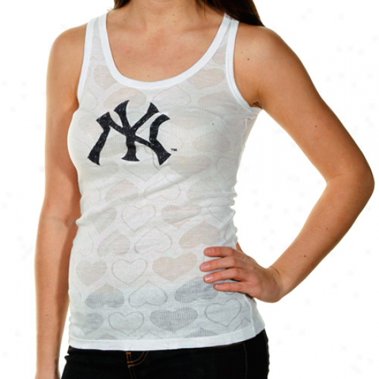 New York Yankees Ladies White Candy Hearts Sheer Ribbed Tank Top