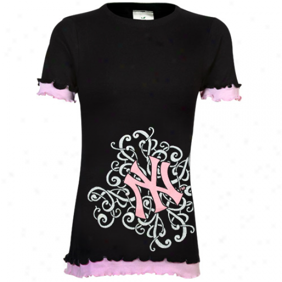 New York Yankees Preschool Girls Double Ruffle Scroll Logo T-shirt - Black