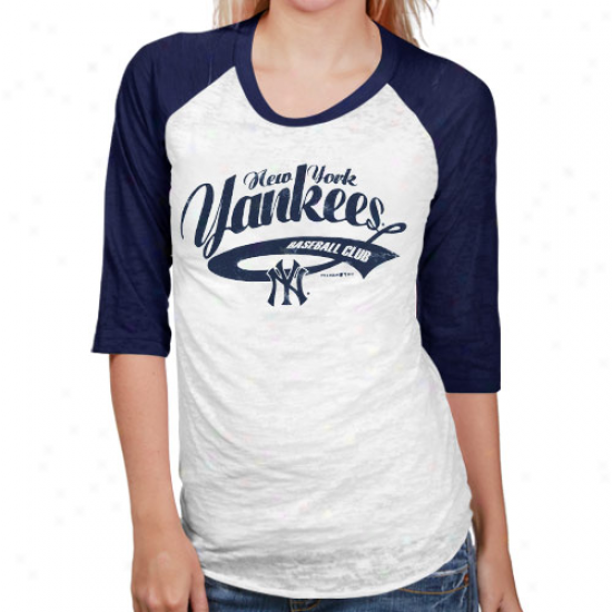 New York Yankees White-navy Blue Burnout Raglan Three-quarter Lenght Sleeve T-shirt