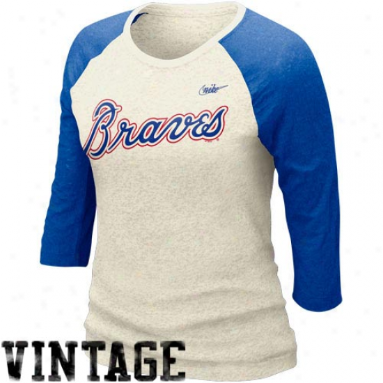 Nike Atlanta Braves Ladies Cooperstown Burnout Three-quarter Sleeve Raglan Premium T-shirt - Natural-royal Blue