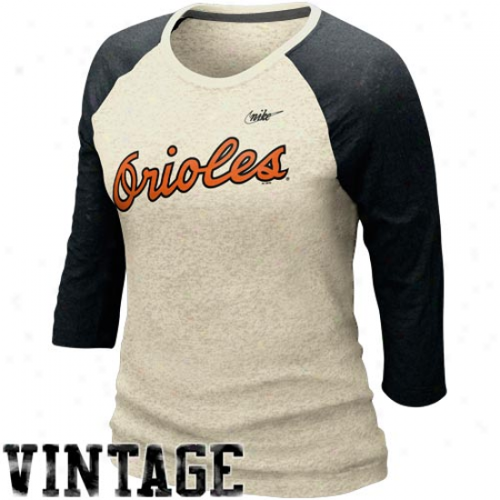 Nir Baltimore Orioles Ladies Cooperstown Burnout Three-quarter Sleeve Raglan Vintage Premium T-shirt - Natural-black