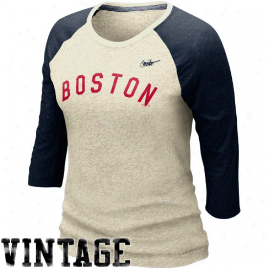 Nike Boston Red Sox Ladis Cooperstoown Burnout Three-quarter Sleeve Raglan Vintage Premium T-shirt - Natural-navy Blue