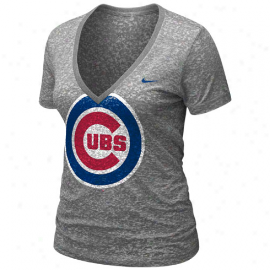 Nike Chicago Cubs Ladies Ash History Burnout Premium V-neck T-shirt