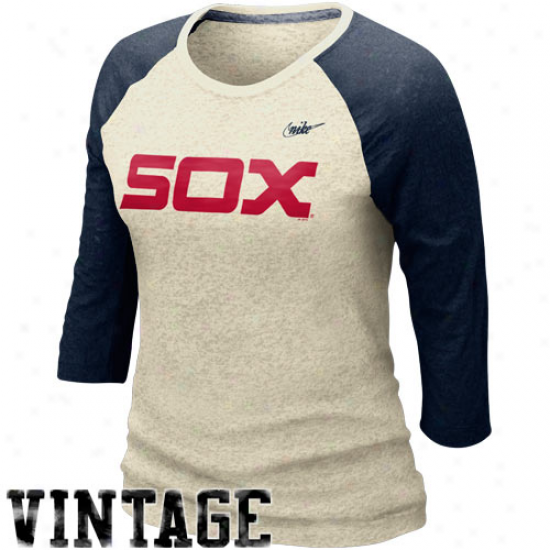 Nike Chicago White Sox Ladies Cooperstown Burnout Three-quarter Sleeve Raglan Vintage Reward T-shirt - Natural-navy Blue