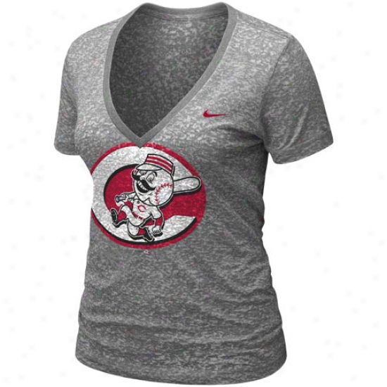 Nike Cincinnati Reds Ladies Ash His5ory Burnout Premium V-neck T-shirt