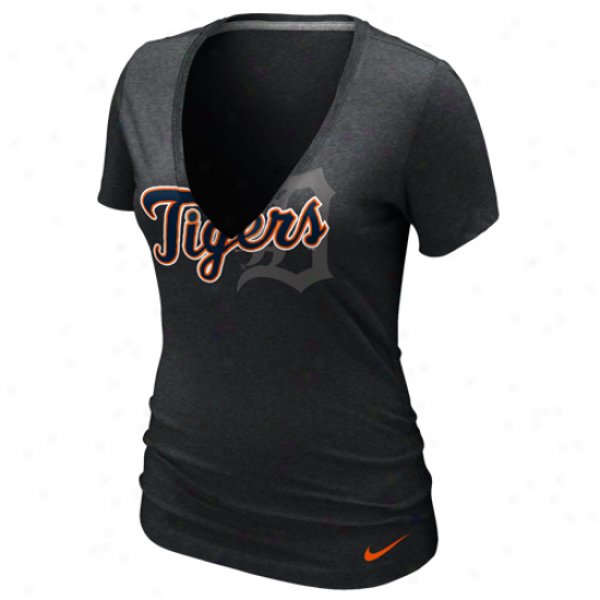 Nike Detroit Tigers Ladies Stand Out Tri-blend Down-reaching V-neck T-shirt - Charcoal