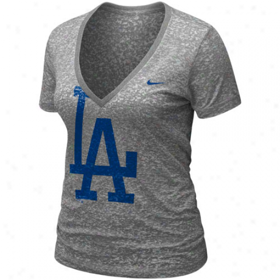 Nike L.a. Dodgers Ladies Ash History Burnout Premium V-neck T-shirt