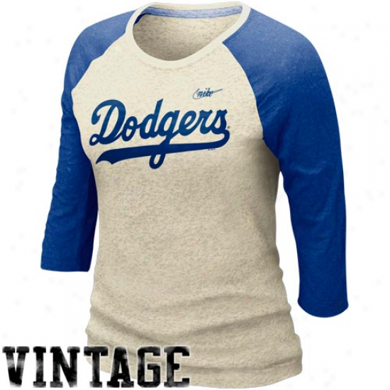 Nike L.a. Dodgers Ladies Cooperstown Buenout Three-quarter Sleeve Raglan Vintage Premium T-shirt - Natural-royal Blue