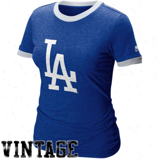 Nike L.a. Dodgers Ladies Royal Blue Cooperatown Balk Ringer Vintage Heathered -Tshirt