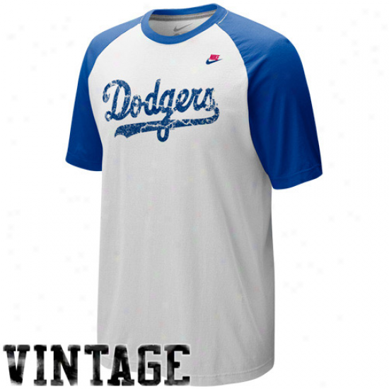 Nike L.a. Dodgers White-royal Blue Cooperstown Dugout Raglan Premium Tri-blend T-shirt
