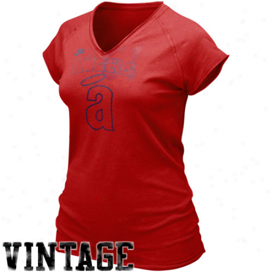 Nike Los Angeles Angels Of Anaheim Ladies Red Cooperstown Bases Loaded V-neck T-shirt