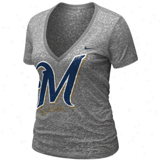 Nike Milwaukee Brewers Ladies Ash History Burnout Premium V-neck T-shirt