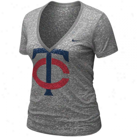 Nike Minnesota Twins Ladies Ash History Burnout Premium V-neck T-shirt