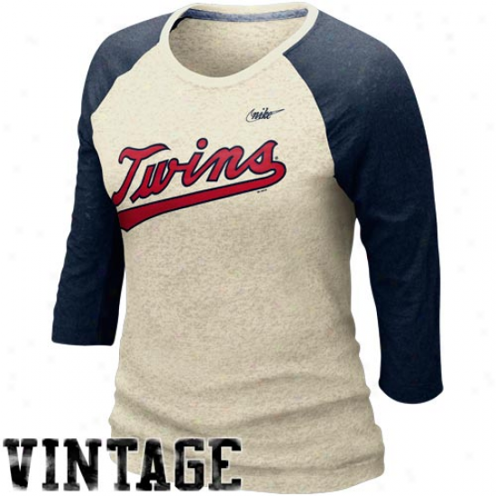 Nike Minnesota Twins Ladies Cooperstown Burnout Three-quarter Sleeve Raglan Vintage Premium T-shirt - Natural-navy Blue