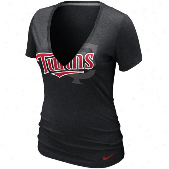 Nke Minnesota Twins Ladies Stand Out Tri-blend Deep V-neck T-shirt - Charcoal