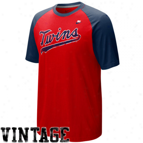 Nike Minnesota Twins Red-navy Blue Dugout Logo Vintage Raglan Tri-blend T-shirt