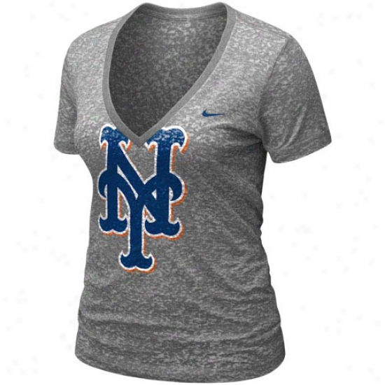 Nike New York Mets Ladies Ash History Burnout Premium V-neck T-shirt
