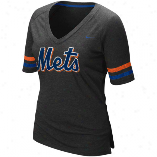 Nike New York Mets Ladiee Charcoal 2011 Mlb Replica V-neck Premium T-whirt