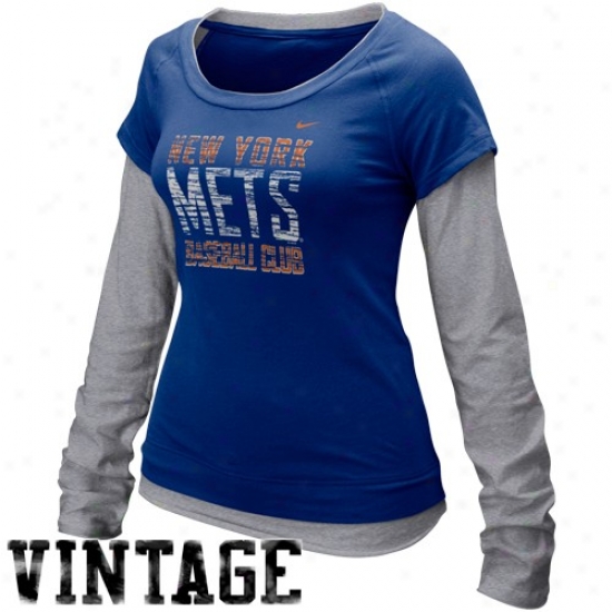 Nike New York Mets Ladies Royal Blue-gray Who's My Team Dluble Layer Long Sleeve Vintage T-shirt