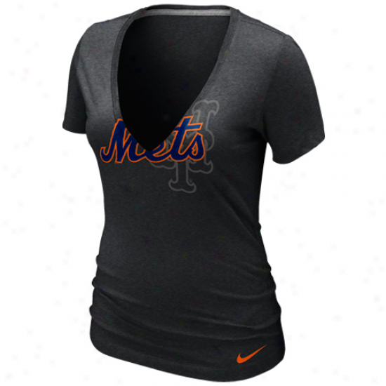 Nlke New York Mets Ladies Stand Out Tri-blend Deep V-neck T-shirt - Charcoal