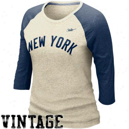 Nike New York Yankees Ladies Cooperstown Burnout Three-quarter Sleeve Raglan Vintage Premium T-shirt - Natural-navy Blue