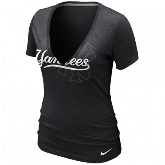 Nike New York Yankees Ladies Stand Out Tri-blend Deep V-neck T-shirt - Charcoal