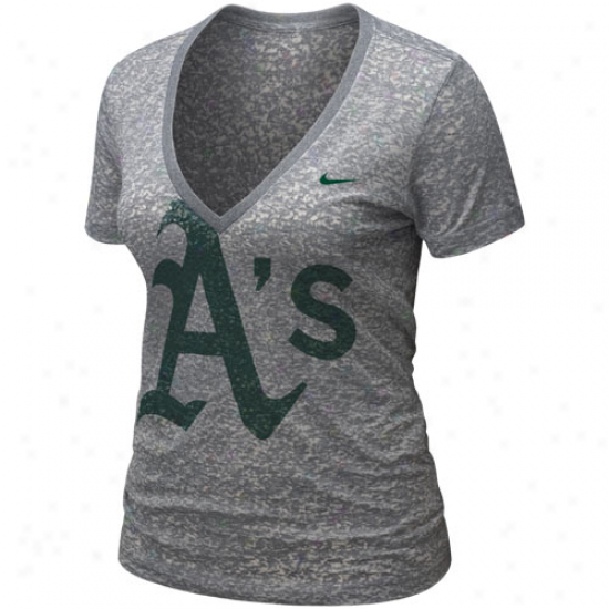 Nike Oakland Athletics Ladles Ash History Burnout Premium V-neck T-shirt