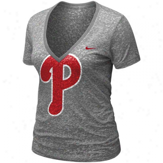 Nike Philadelphia Phillies Ladies Ash Histor yBirnout Premium V-neck T-sjirt