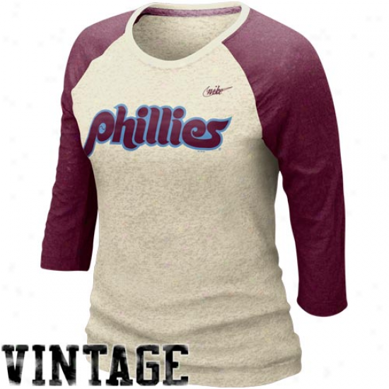 Nike Philadelphia Phillies Ladies Cooperstown Burnout Three-quarter Sleeve Raglan Vintage Premium T-shirt - Natural-maroon