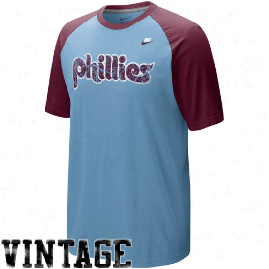 Nike Phialdelphia Phillies Light Blue-maroon Dugout Logo Vintage Raglan Tri-blend T-shirt