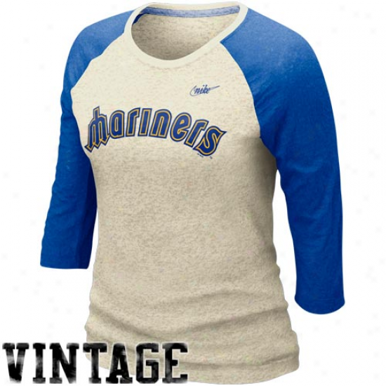 Nike Seattle Mariners Ladisss Cooperstown Burnout Three-quarter Sleeve Raglan Vintage Premium T-shirt - Natural-royal Blue