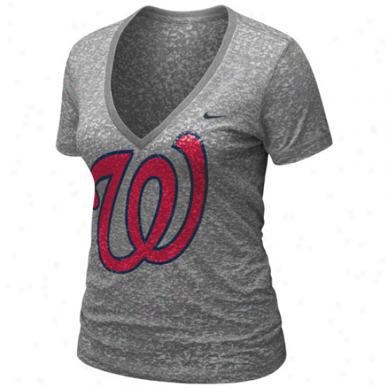 Nike Washington Natoinals Ladies Ash History Burnout Premium V-neck T-shirt