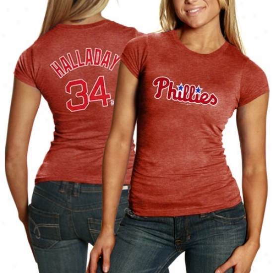 Philadelphia Phillies #34 Roy Halladay Ladies Red Player Tri-blend T-suirt