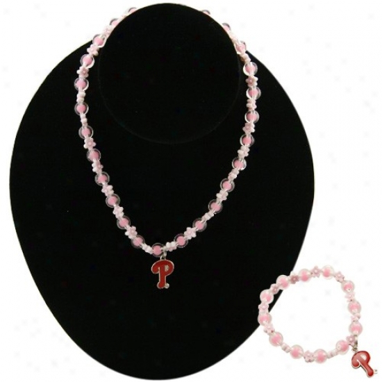 Philadelphia Phillies Girls Pink Beaded Bracelet & Necklace Set W/team Logo Charm