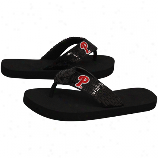 Philadelphia Phillies Ladies Black Sequin Strap Flip Flops