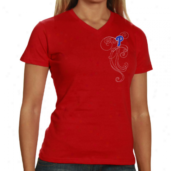 Philadelphia Phillies Ladies Red Cap Logo And Swirl V-neck T-shirt