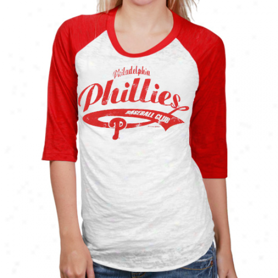 Philadelphia Phillies Ladies White-red Burnout Raglan Three-quarter Length Sleeve T-shirt