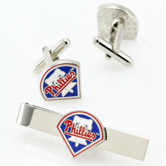 Philadelphia Phillies Silvertone Team Logo Tie Clip & Cufflinks Set