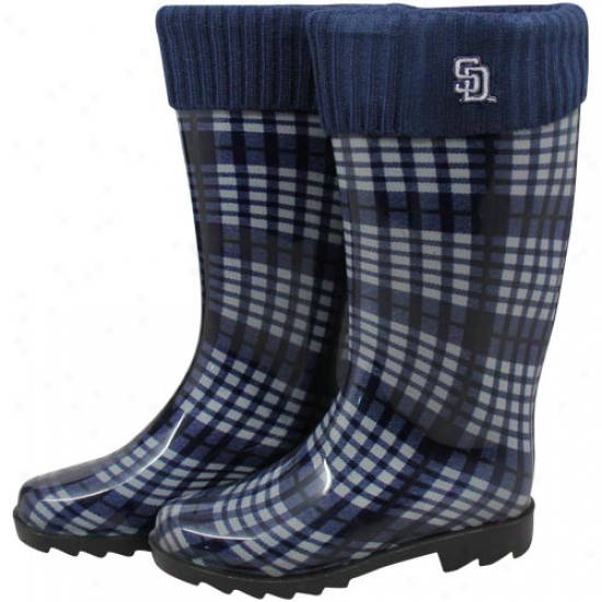 San Diego Padres Ladies Navy Blue Plaid Cuffed Rain Boots