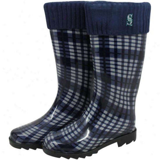 Seattle Mariners Ladies Navy Blue Plaid Cuffed Rain Boots