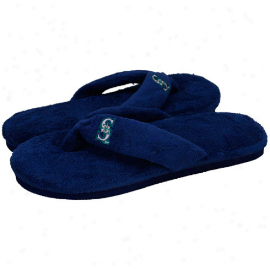 Seattle Mariners Ladies Navy Blue Plush Thong Slippres