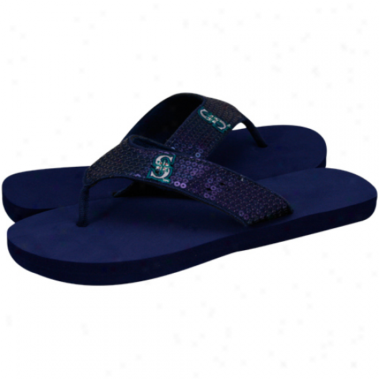 Seattle Mariners Ladies Navy Blue Sequin Strap Flip Flops